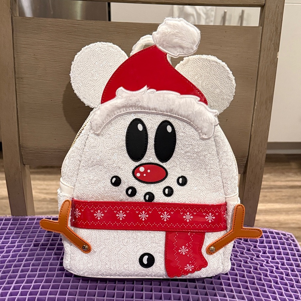 NWT Retired Disney Loungefly Mickey Sequin Snowman Mini Backpack and Wallet - Picture 2 of 12